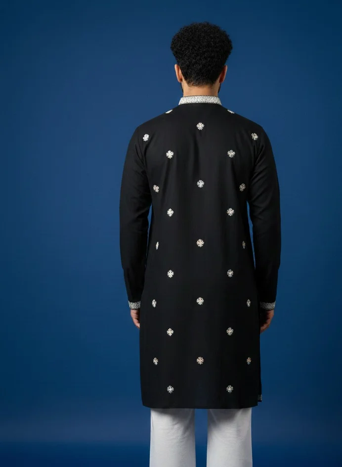 Lehar  Men's Hand-Embroidered Chanderi Silk Kurta in Black with Intricate Mughal-Inspired Patterns for Men | Best Price UAE